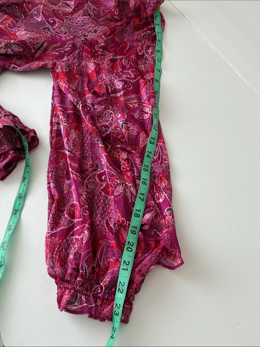 Vibrant Silky Ruffle Flirty Pink Maroon Paisley V-Neck Elastic Waist Dress - Picture 6 of 10